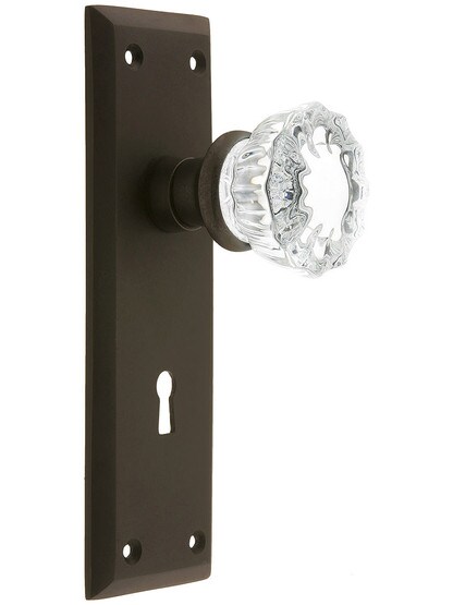 New York Mortise Lock Set With Fluted Crystal Door Knobs in Oil Rubbed Bronze.